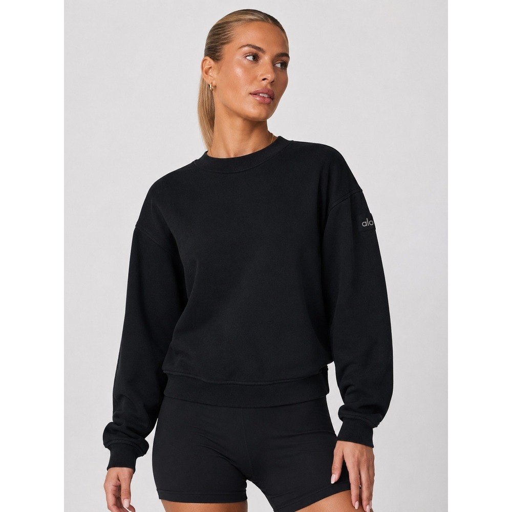 Alo Yoga Black Relaxed Crew Neck Pullover Sweatshirt Top Size XS